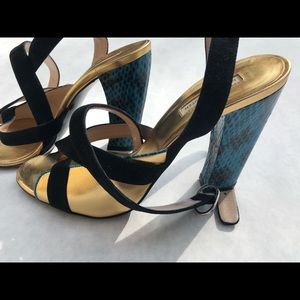 Dries Van Noten Strappy Gold & Turquoise Heels
